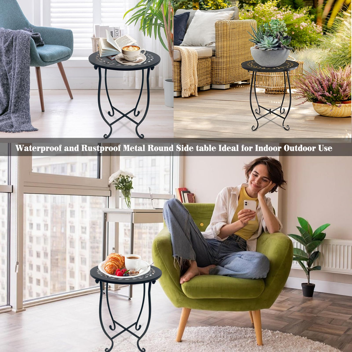 Plant Castle round side table with welded X-legs provides sturdy support.