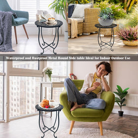 Plant Castle round side table with welded X-legs provides sturdy support.