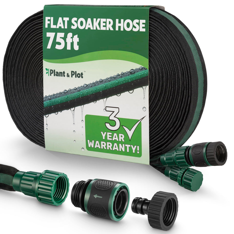 Plant & Plot flat soaker hose laid in garden bed for efficient watering