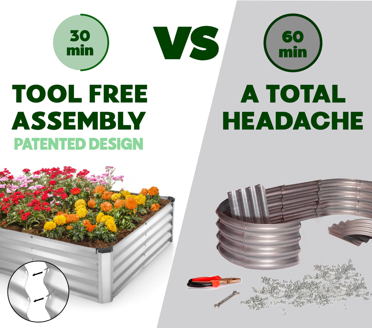 Plant & Plot bed assembled quickly with tool-free design for fast garden setup