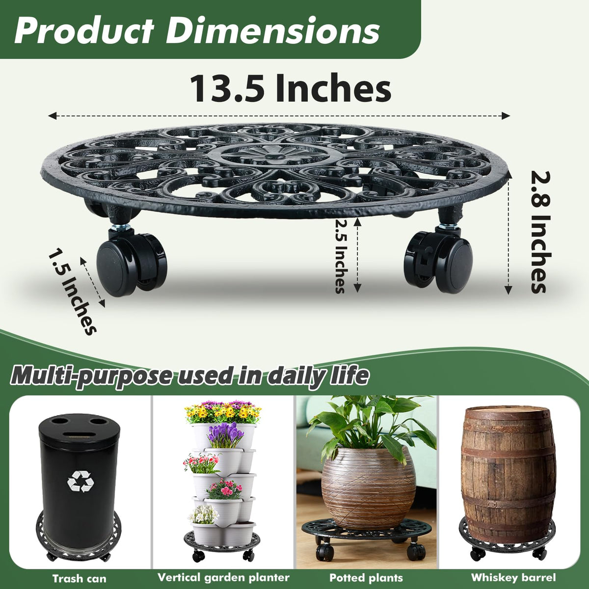 Planterhoma heavy-duty cast-iron base supports tall pots without damaging floors.