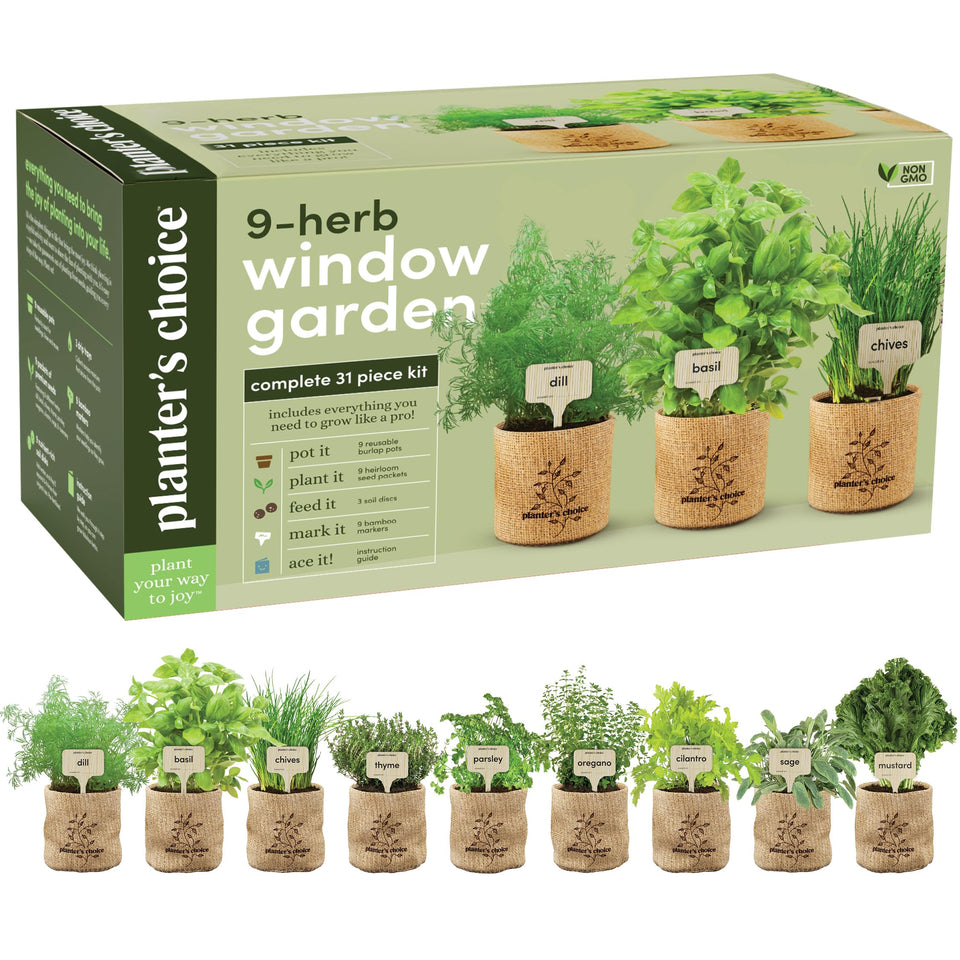 Planters' Choice 9 Herb Kit closeup of leafy herbs ready to harvest.