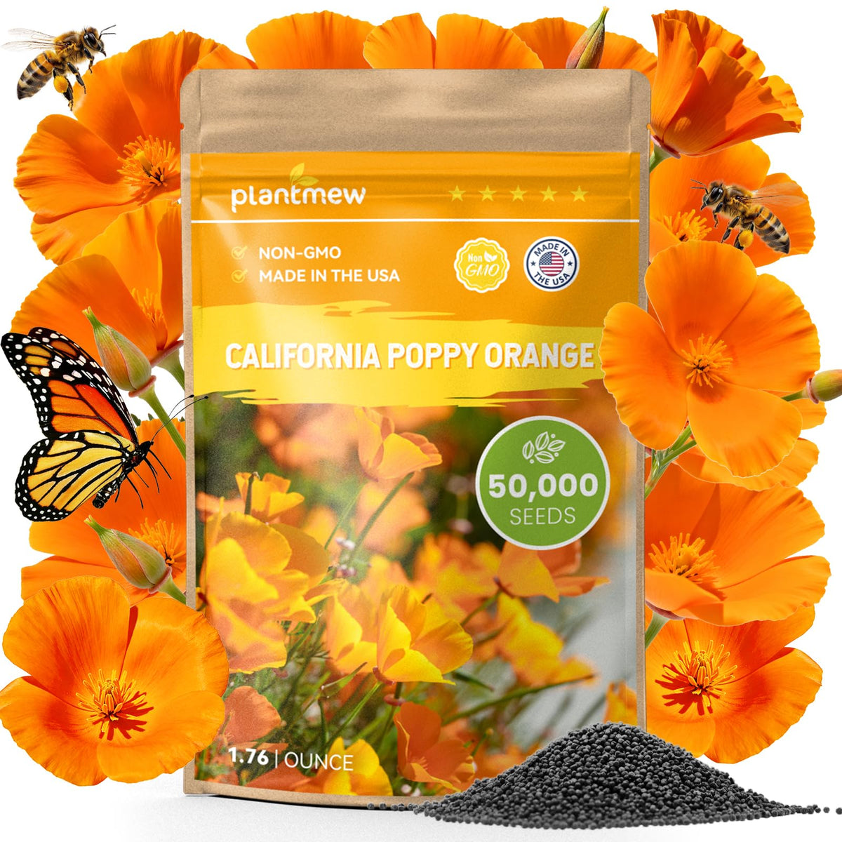 PLANTMEW California Poppy seeds in a resealable packaging for easy storage and planting.