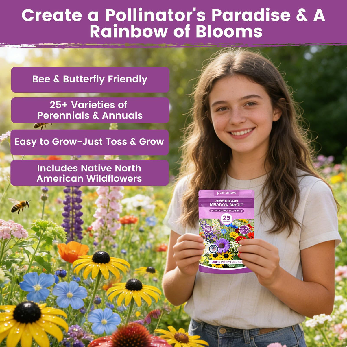 PLANTMEW gift-ready packaging for wildflower seeds.