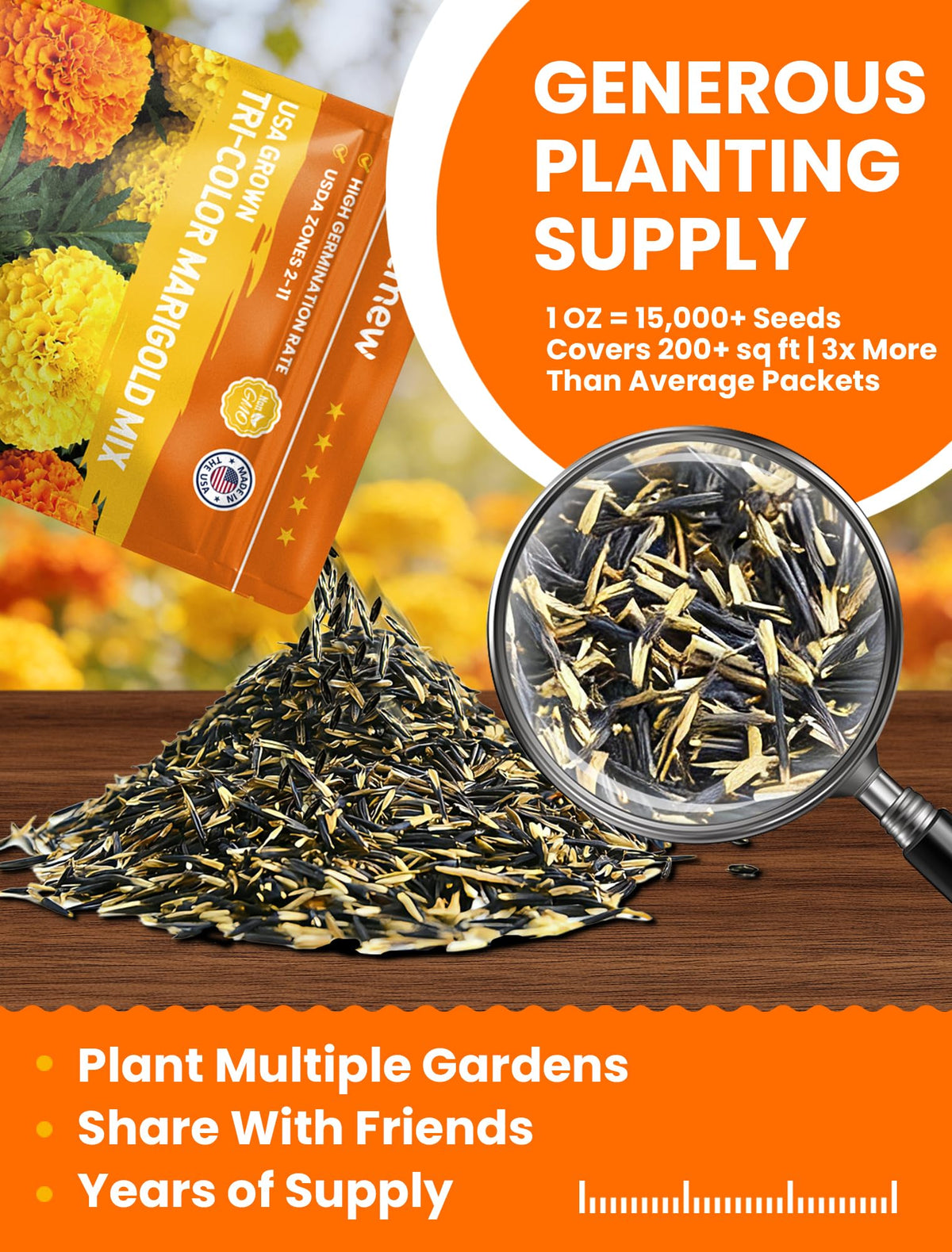 PLANTMEW heirloom French marigold seeds add vibrant color to borders.