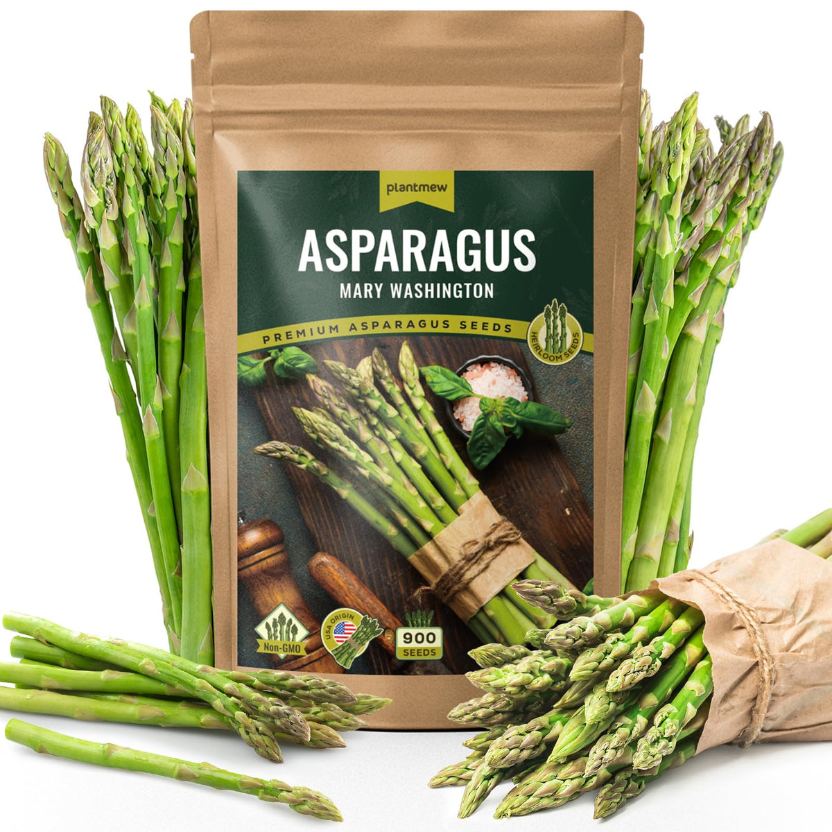PLANTMEW Mary Washington asparagus seeds pack ready for easy outdoor planting.