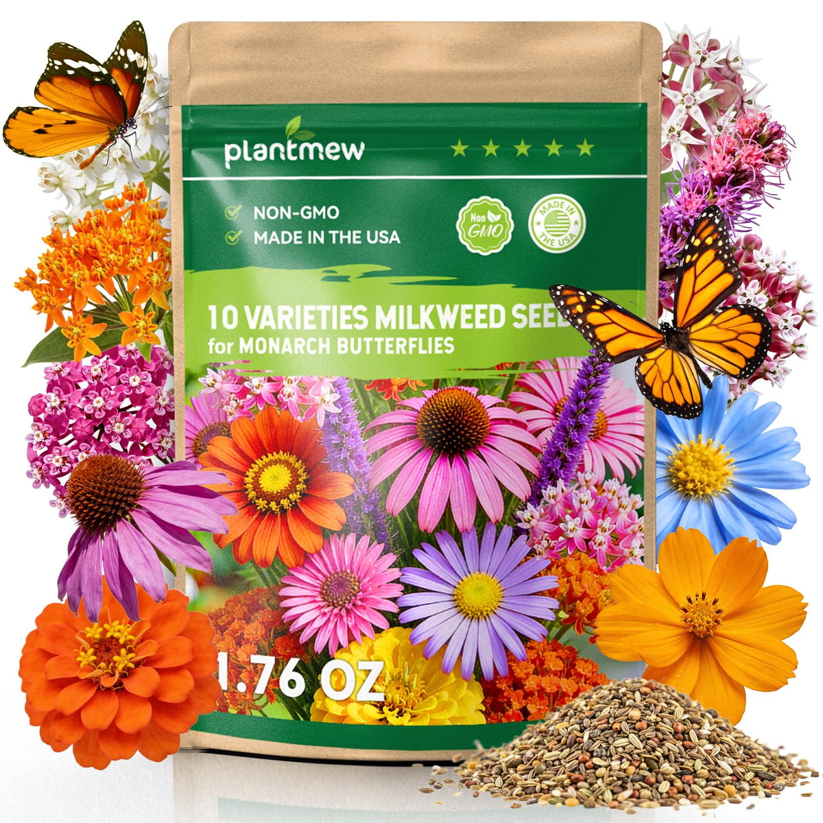 PLANTMEW milkweed seeds pack front view for pollinator-friendly garden