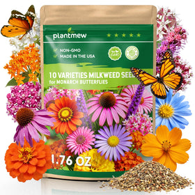 PLANTMEW milkweed seeds pack front view for pollinator-friendly garden