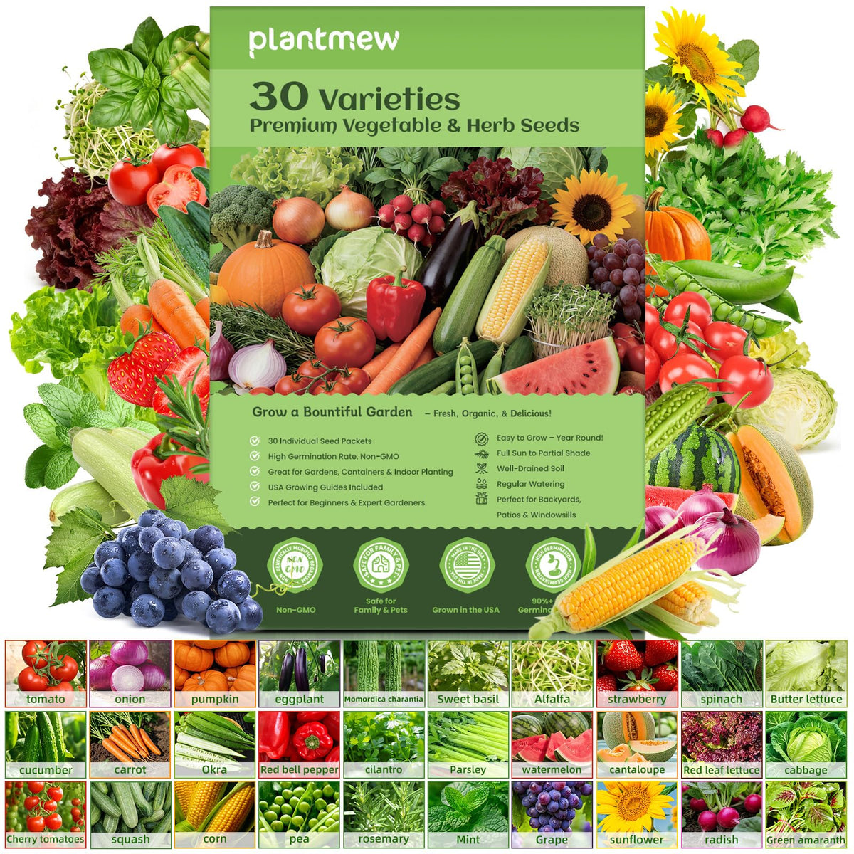 PLANTMEW Seed Vault collection: diverse heirloom seeds for abundant harvest potential.