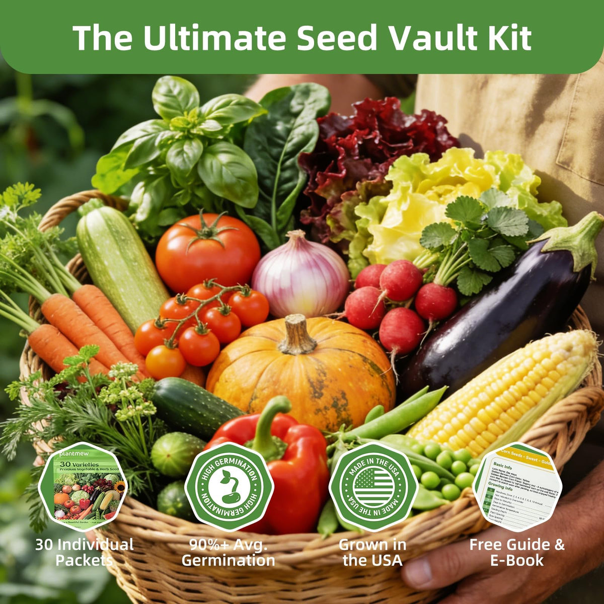 PLANTMEW Seed Vault varieties selection: non-GMO heirloom seeds for resilient crops.