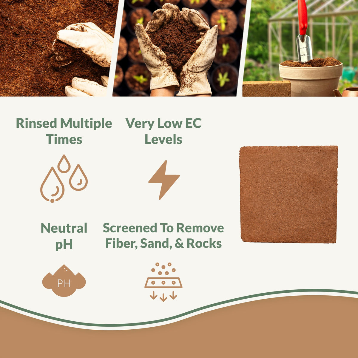Plantonix Buffered Coco Bliss block expands in water, ideal for soil amendment.