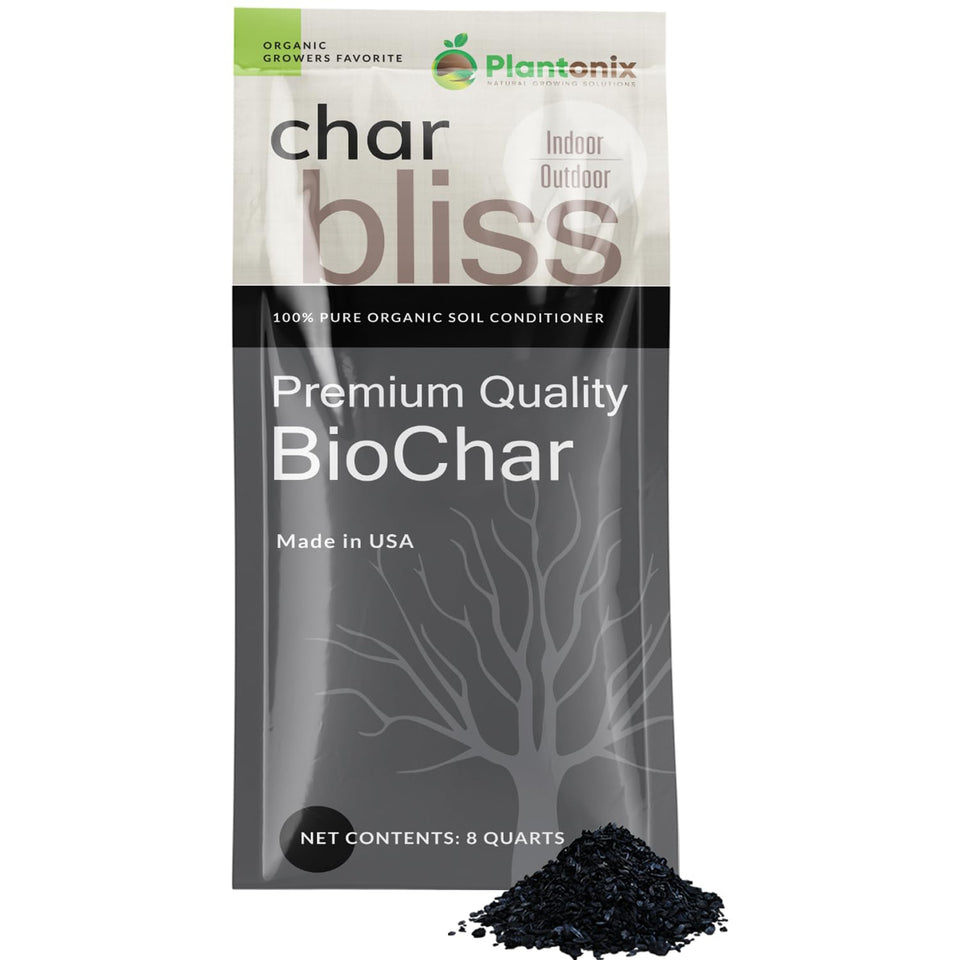 Plantonix Char Bliss 8qt bag shown as a garden soil amendment for vibrant growth