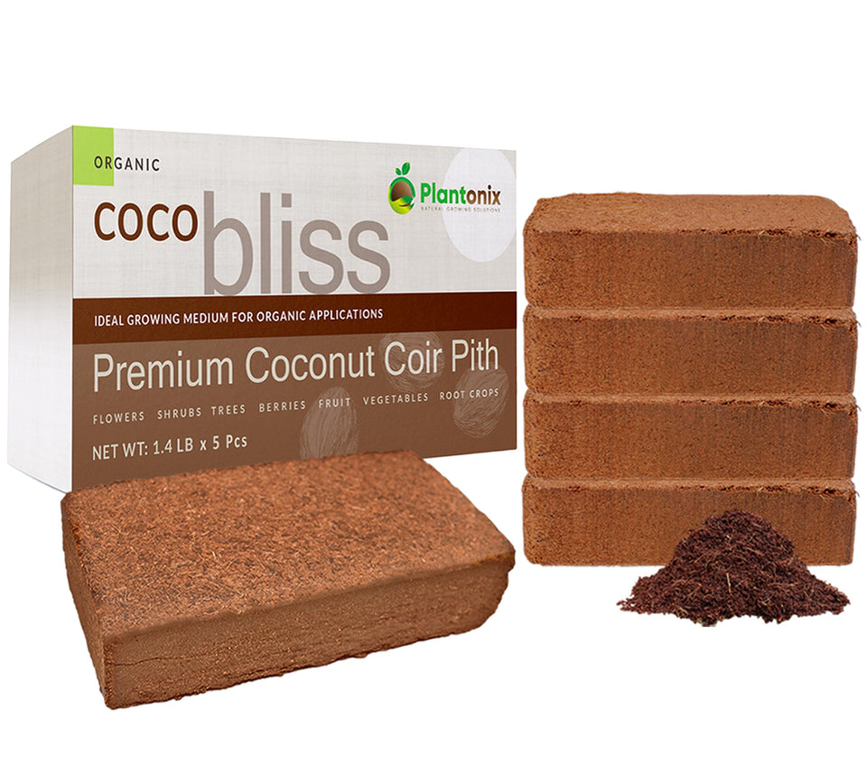 Plantonix Coco Coir Bricks 5-Pack expanding into seed starter soil, ready for use