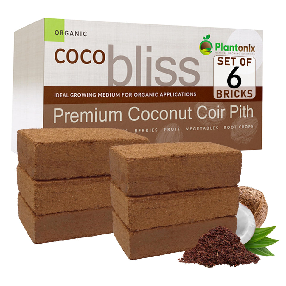 Plantonix Coco Coir Bricks 6-pack packaging shown for easy gardening use.