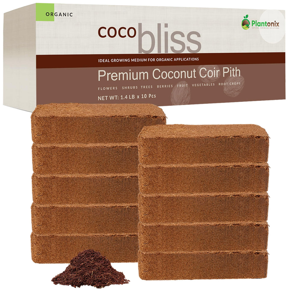 Plantonix coco coir bricks pack front, ready for easy soil expansion