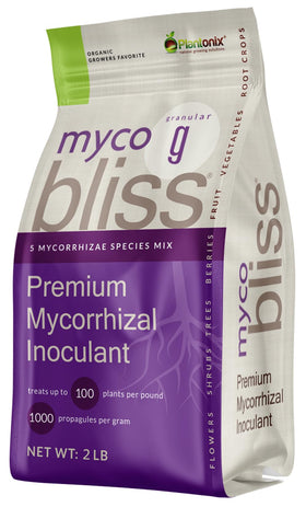 Plantonix Myco Bliss granular bag front for easy soil inoculation and root support.