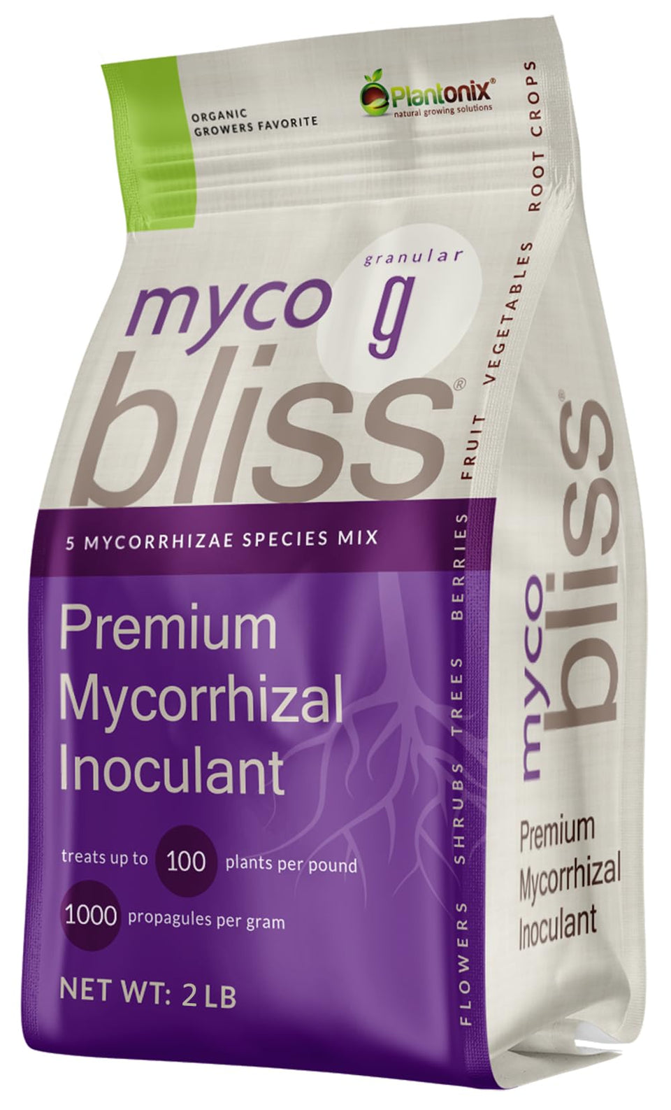 Plantonix Myco Bliss granular bag front for easy soil inoculation and root support.