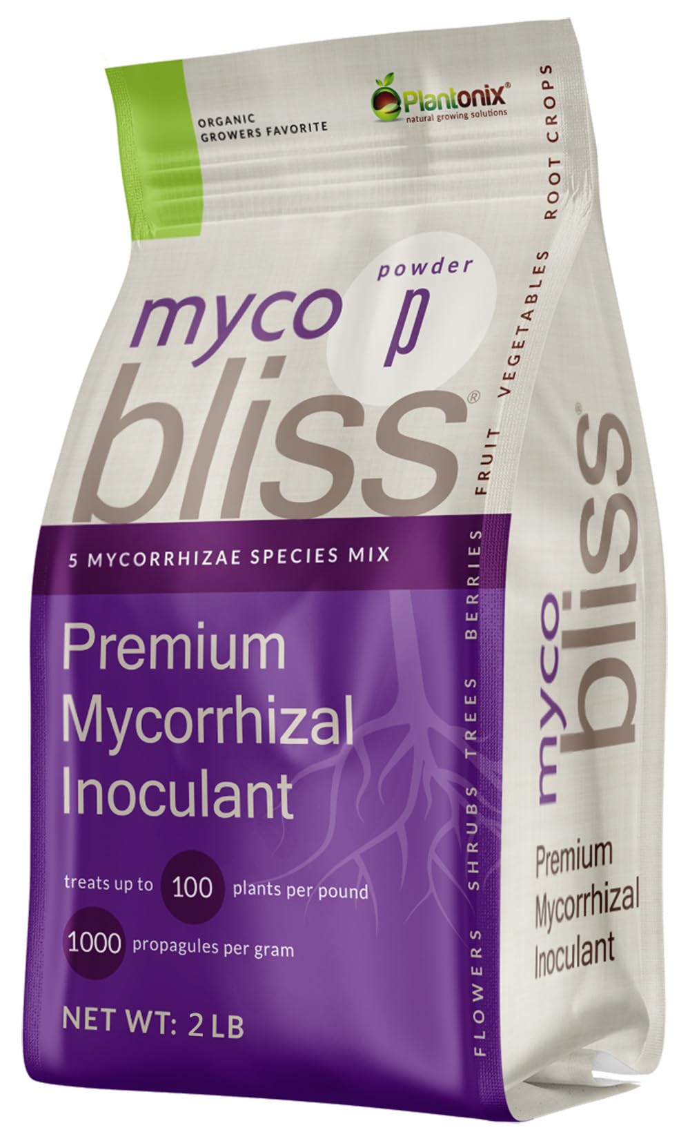Plantonix Myco Bliss powder packaging shown for easy soil inoculation