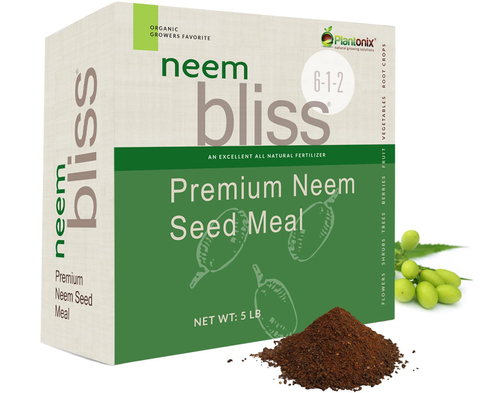Plantonix neem seed meal bag close-up, showcasing organic fertilizer for thriving pots