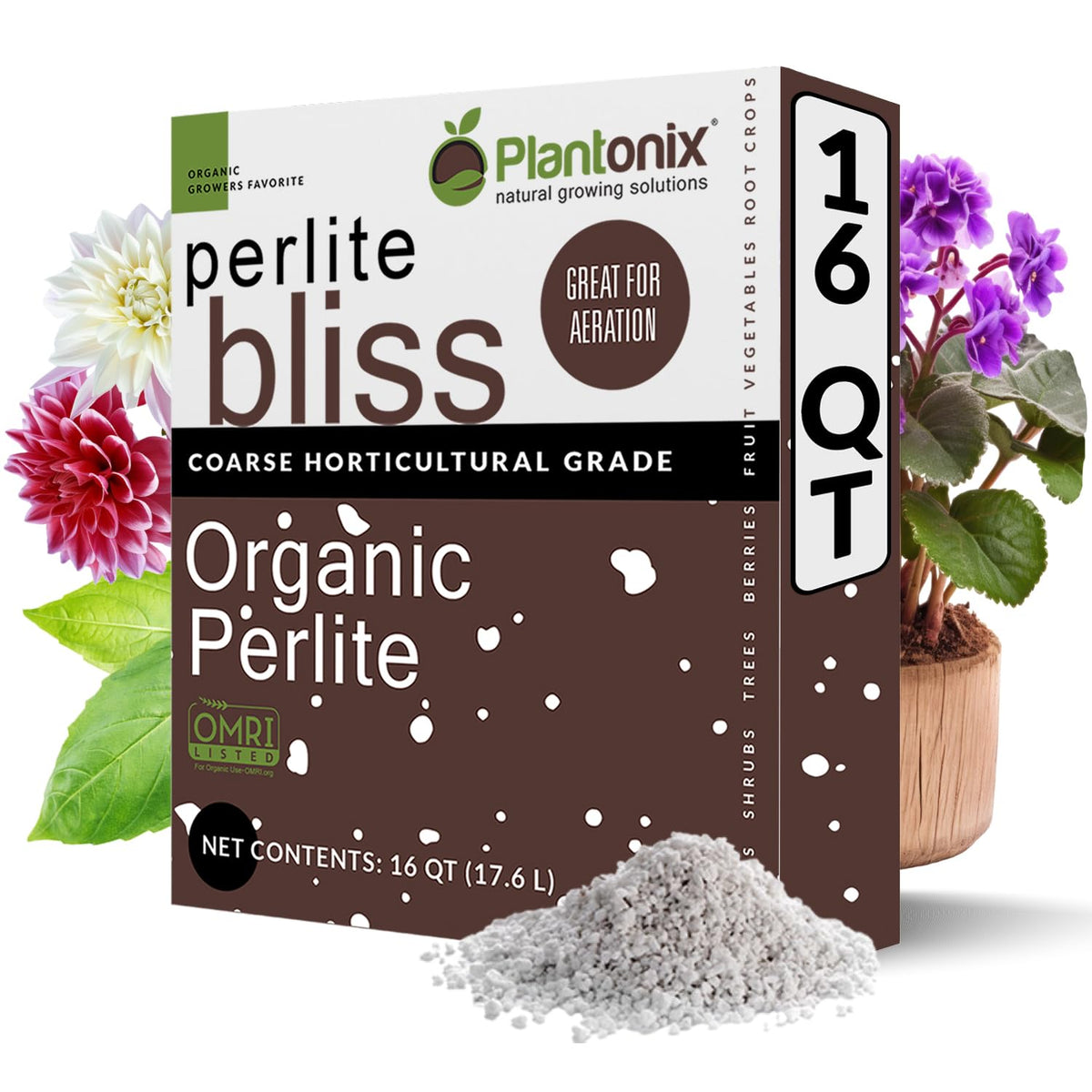 Plantonix Perlite Bliss bag label demonstrates sterile, neutral-pH soil amendment for better growth.