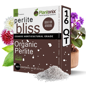 Plantonix Perlite Bliss bag label demonstrates sterile, neutral-pH soil amendment for better growth.
