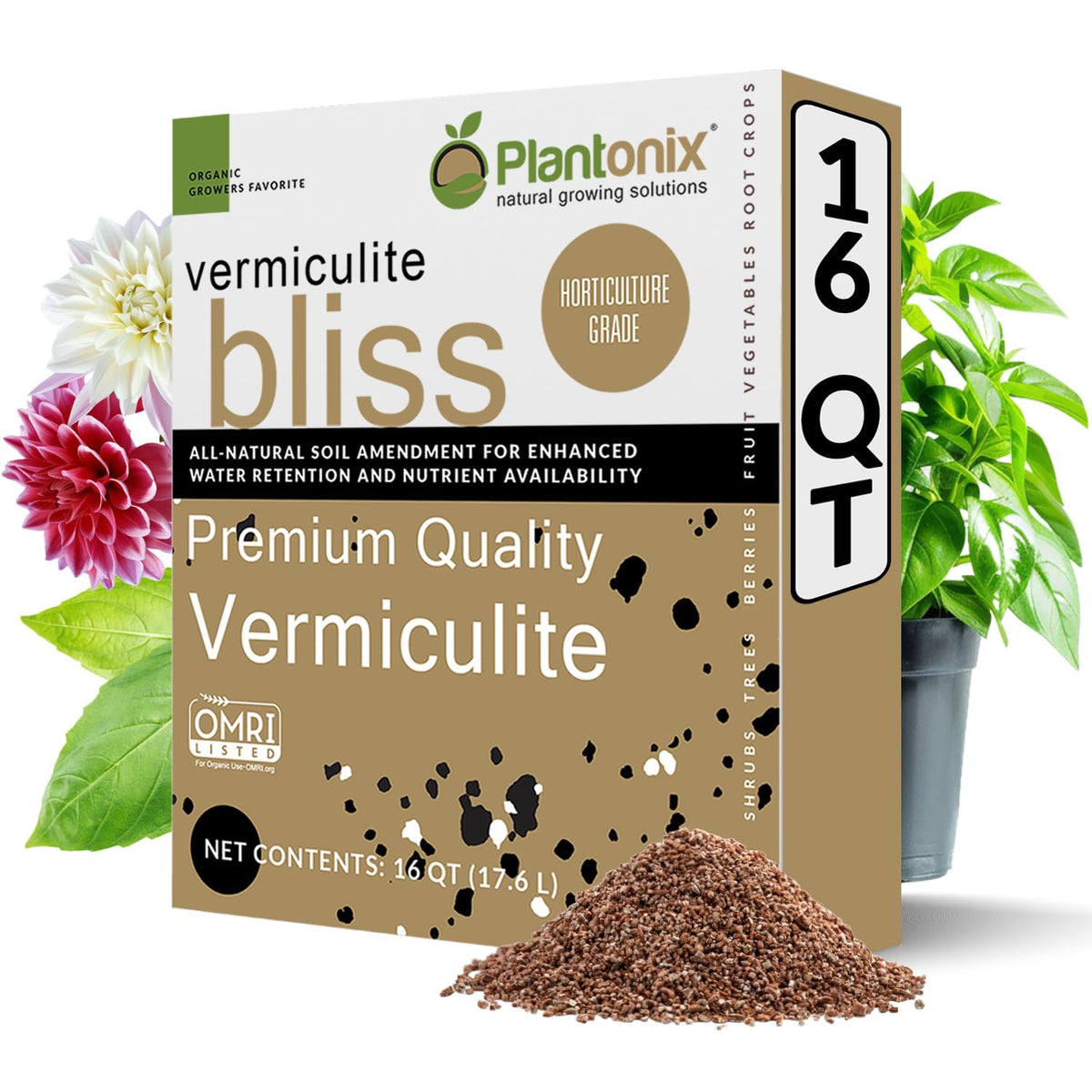 Plantonix Vermiculite Bliss 16qt bag front view for soil amendment and garden readiness