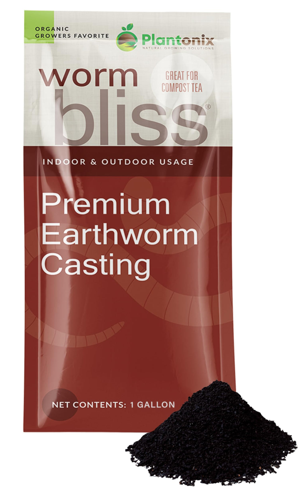 Plantonix Worm Bliss 1-gallon bottle ready to enrich garden soil with organic nutrients.