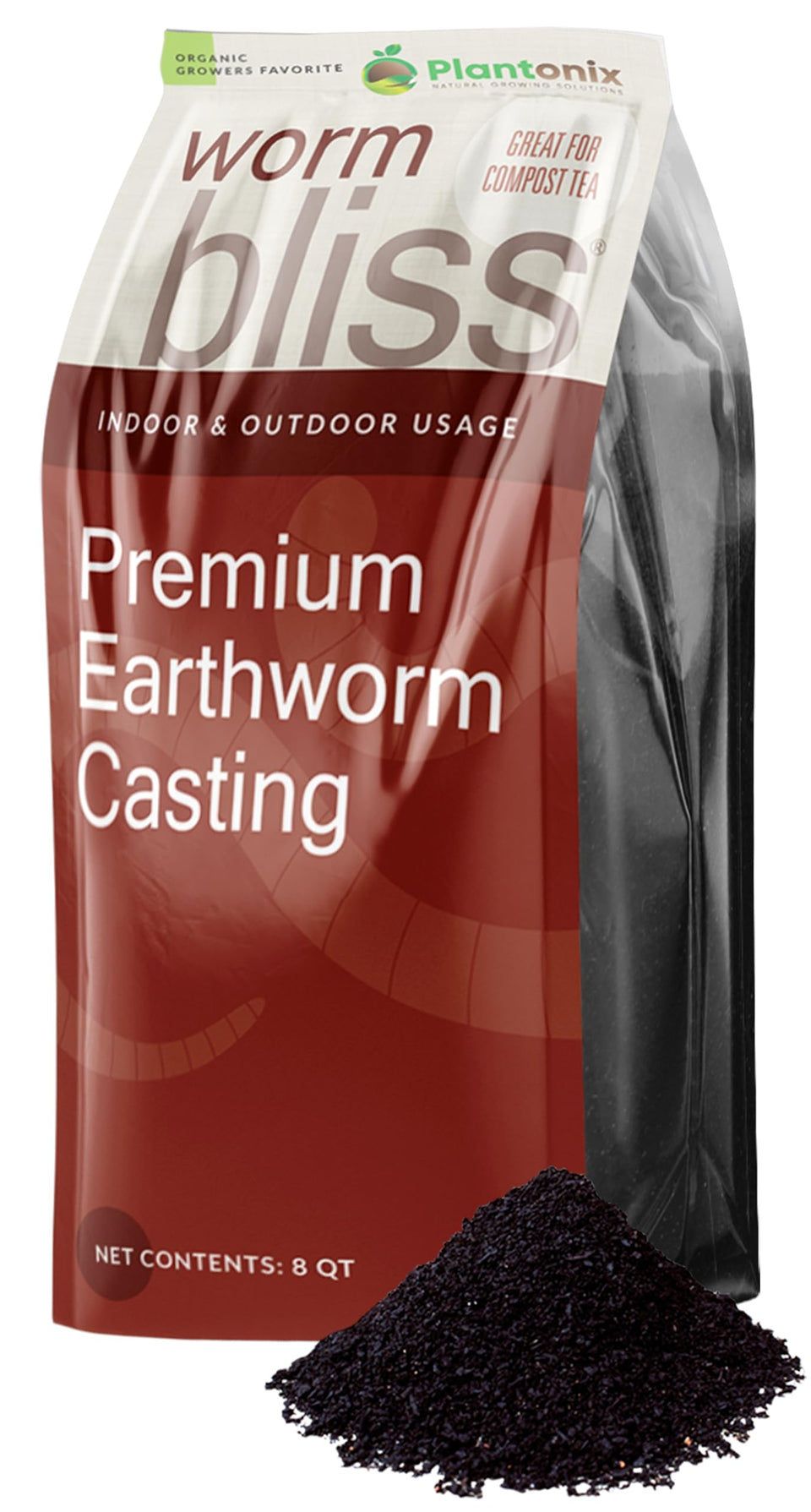 Plantonix Worm Bliss 8 Qt bag shown as pure organic castings for indoor and outdoor plants