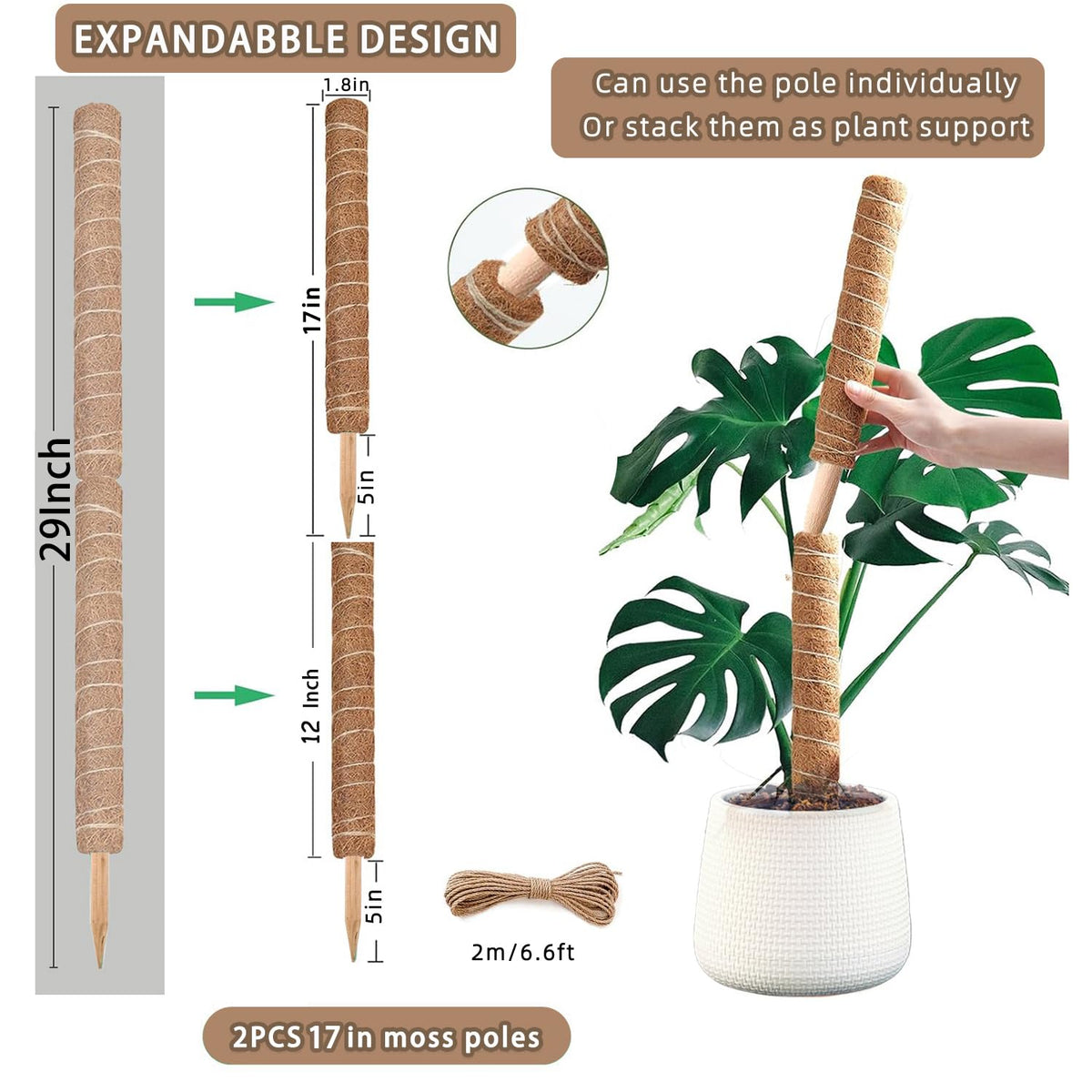 Bonus jute rope included with PLANTPOLEX moss poles for securing vines