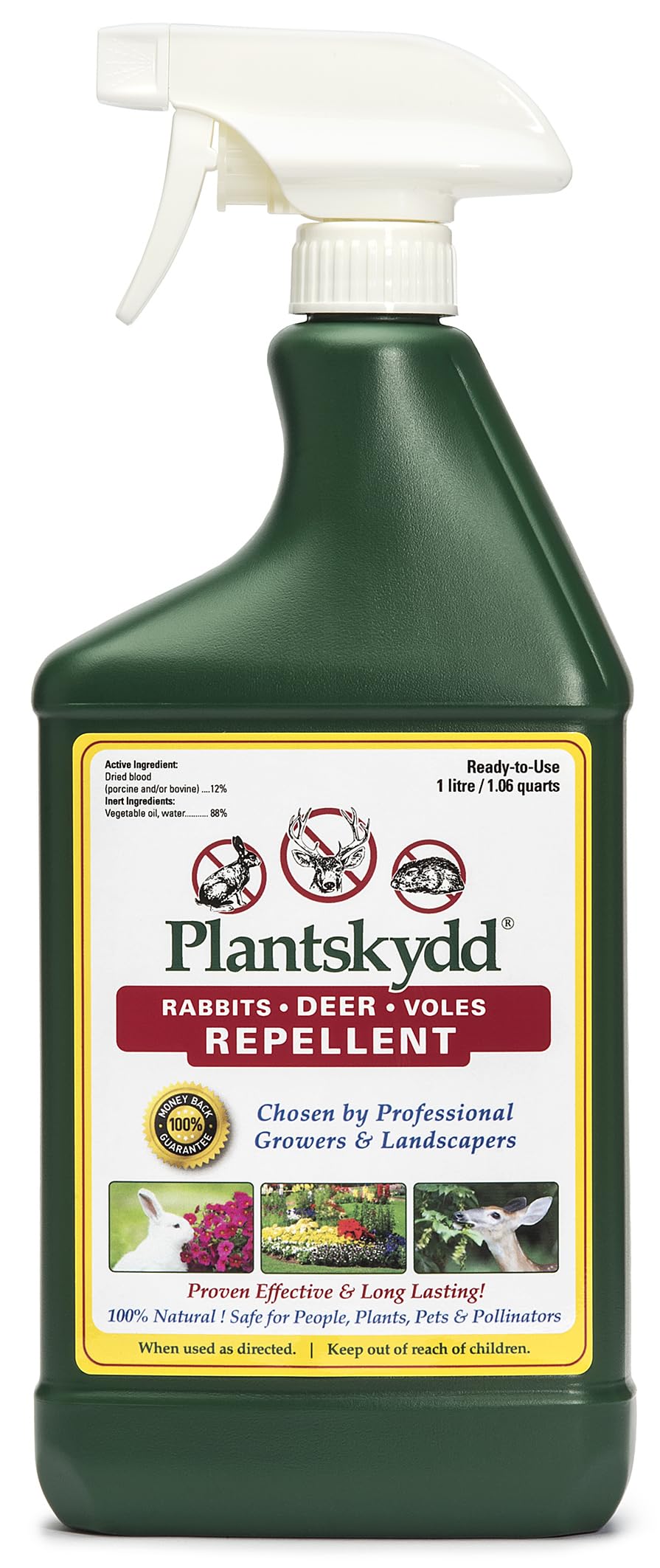 Plantskydd 32oz spray bottle ready for outdoor use to deter herbivores.
