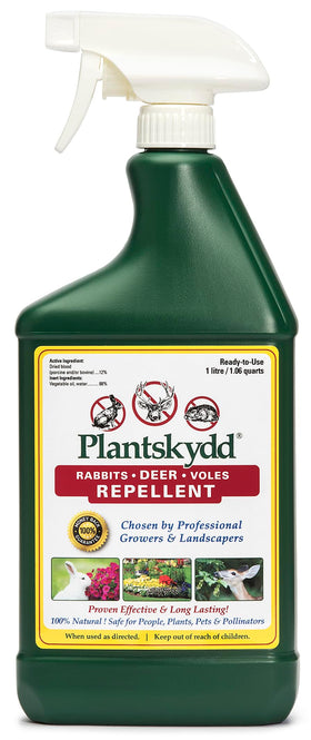 Plantskydd 32oz spray bottle ready for outdoor use to deter herbivores.