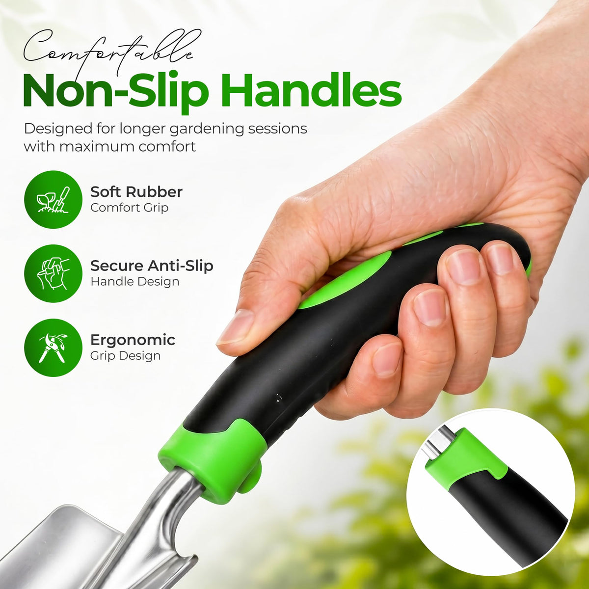PlantSpawn trowel in use with comfortable ergonomic handle.