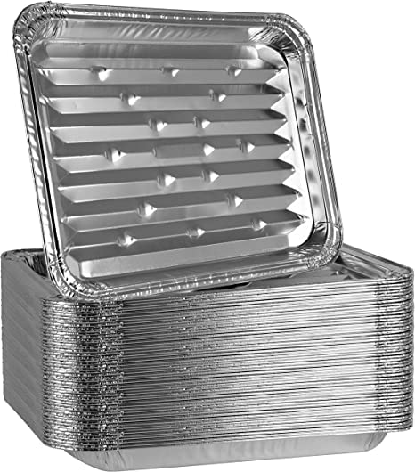 PLASTICPRO ribbed-bottom aluminum grill pans for grill texture and grease capture.