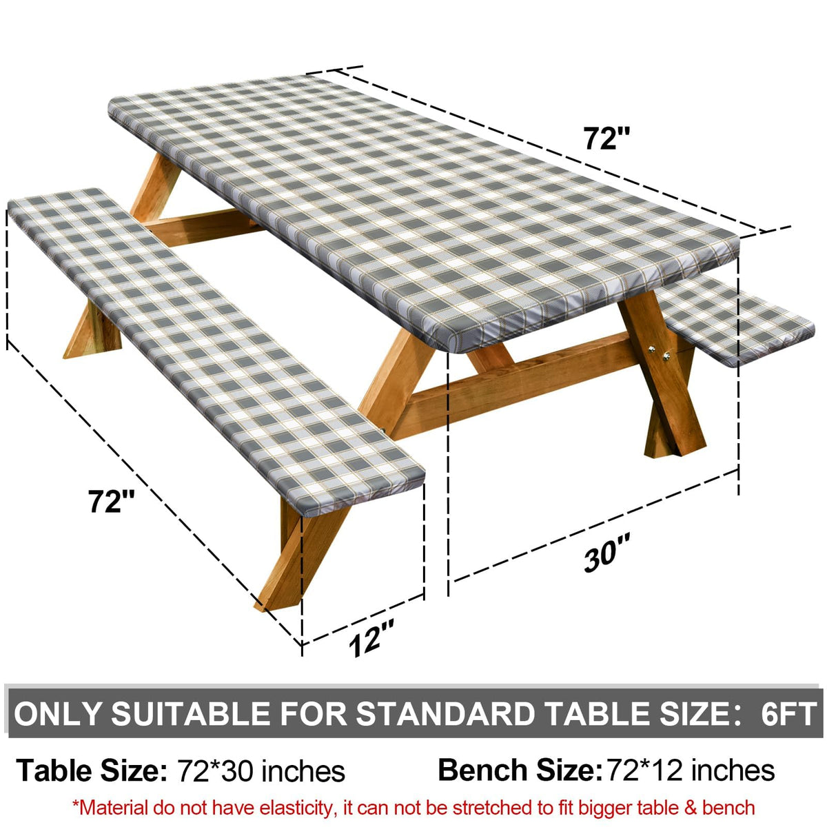 Play Tailor bench cover in gray and white keeps benches clean during camping.
