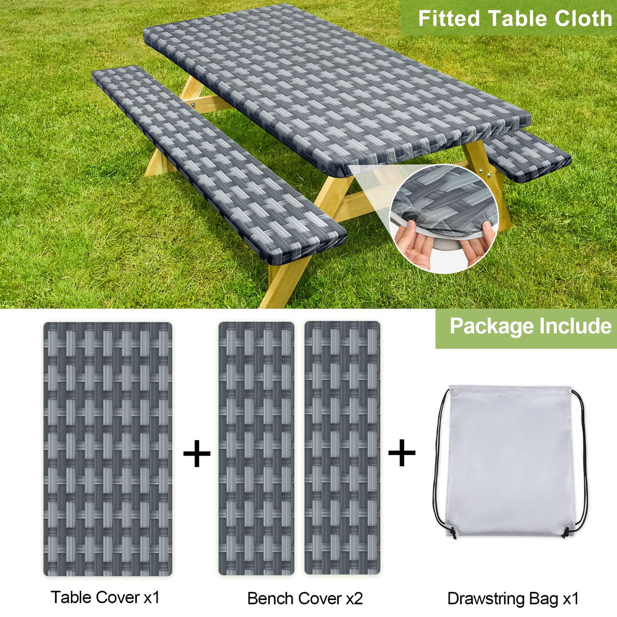Play Tailor easy-install covers with half-elastic edges for quick setup.