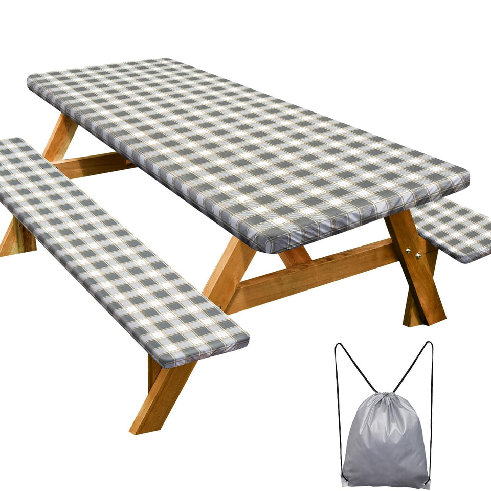 Play Tailor picnic table cover, gray and white, 72-inch fit for outdoor dining.