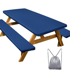 Play Tailor picnic table cover in deep blue protecting a 72x30 table outdoors