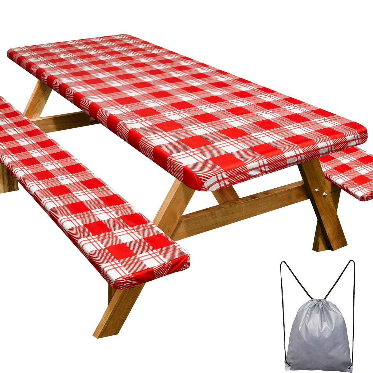 Play Tailor picnic table cover in red checkered pattern protects surfaces during outdoor meals