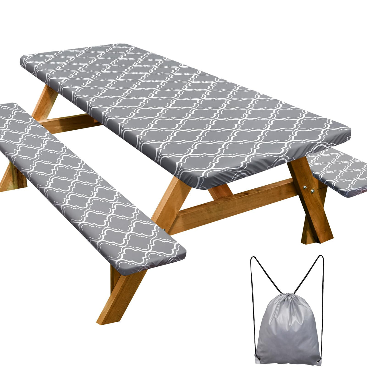 Play Tailor picnic table cover grey on a 72x30 rectangle table offering waterproof protection