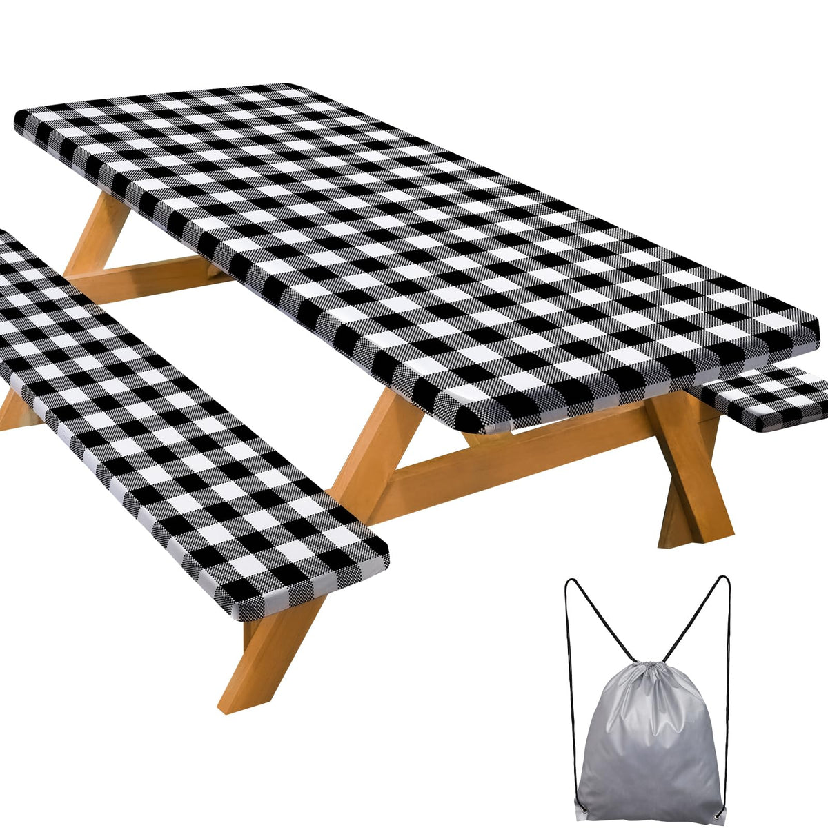Play Tailor picnic table cover with white black checkered pattern protects outdoor meals