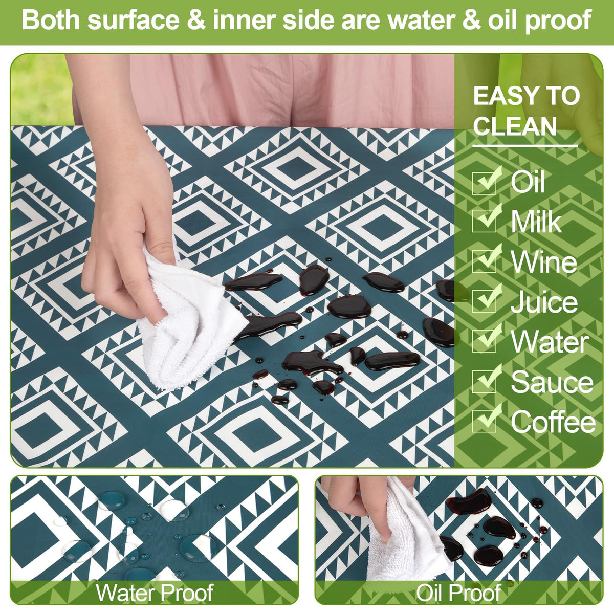 Close-up of waterproof inner film on Play Tailor table cover highlighting liquid resistance.