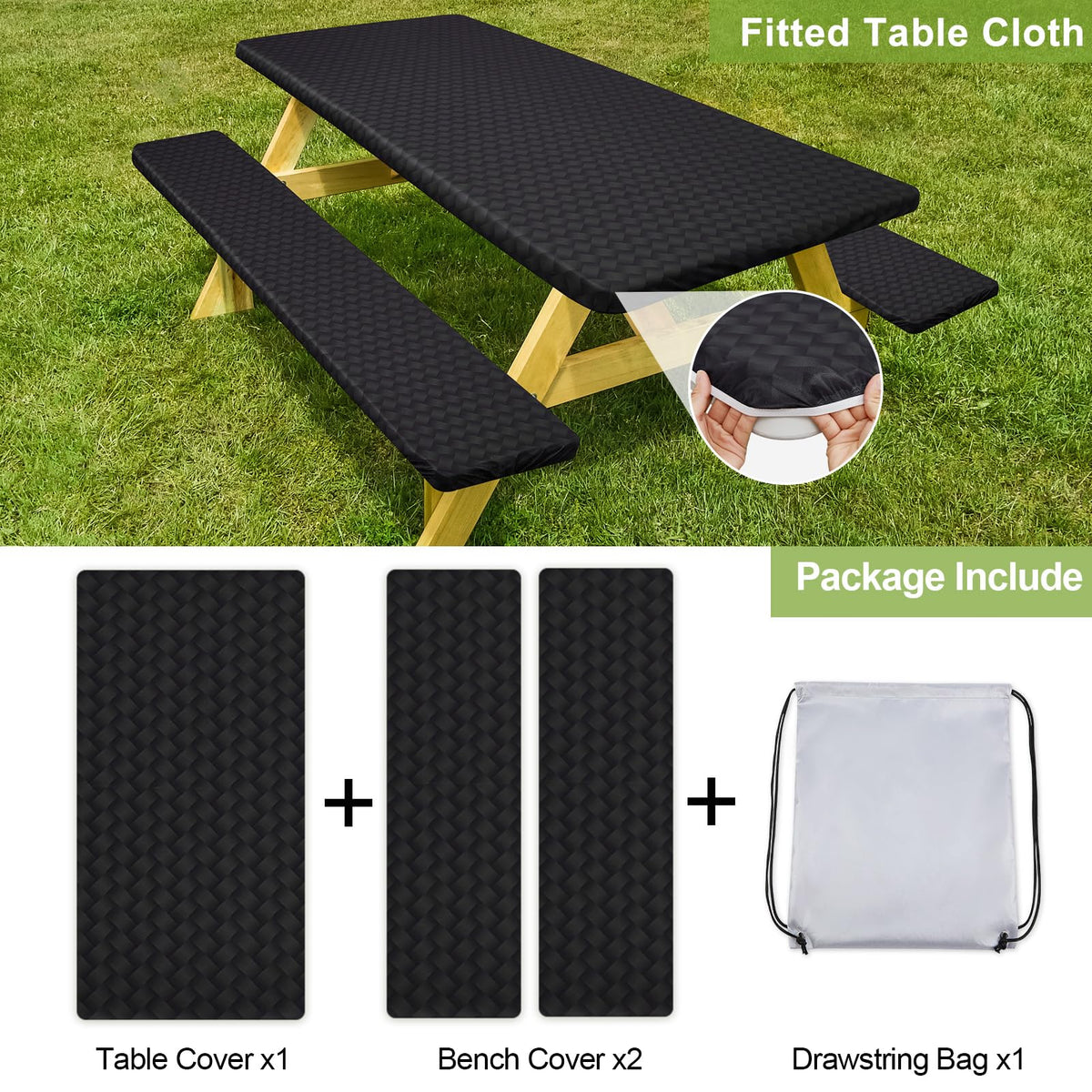 Play Tailor waterproof tablecloth close-up showing rain-ready fabric and inner lining.