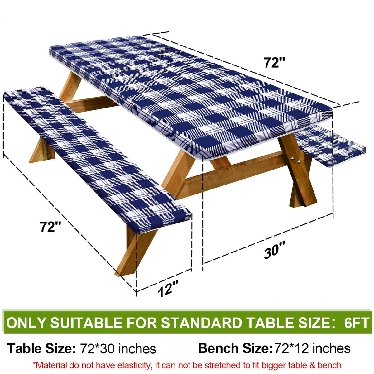 Play Tailor bench covers in blue checkered design protect seating on a 72x12 inch bench.