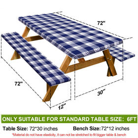 Play Tailor bench covers in blue checkered design protect seating on a 72x12 inch bench.