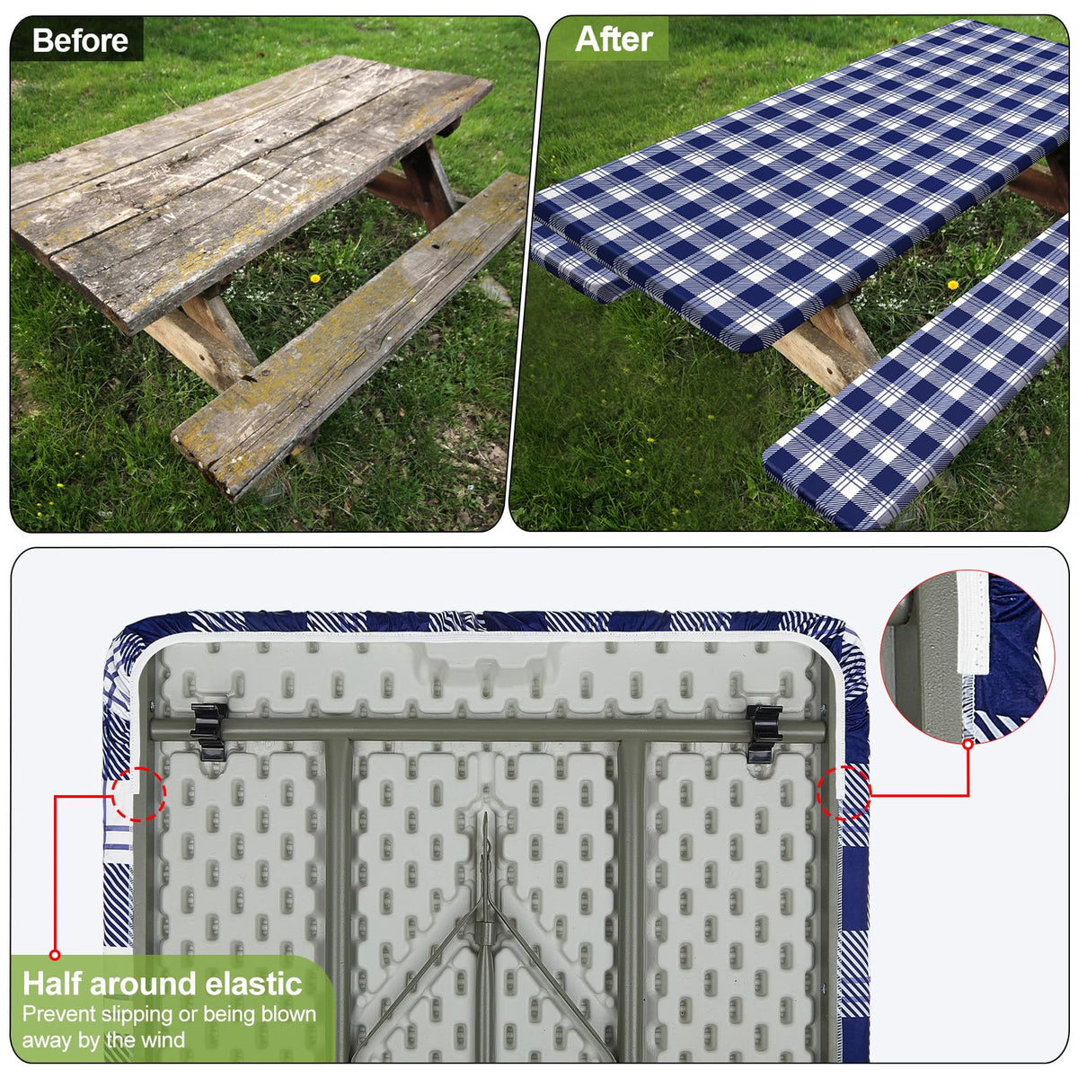 Play Tailor blue checkered pattern adds style to camping setup.