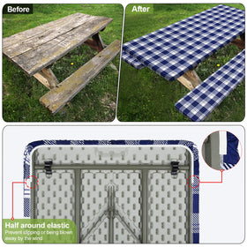 Play Tailor blue checkered pattern adds style to camping setup.
