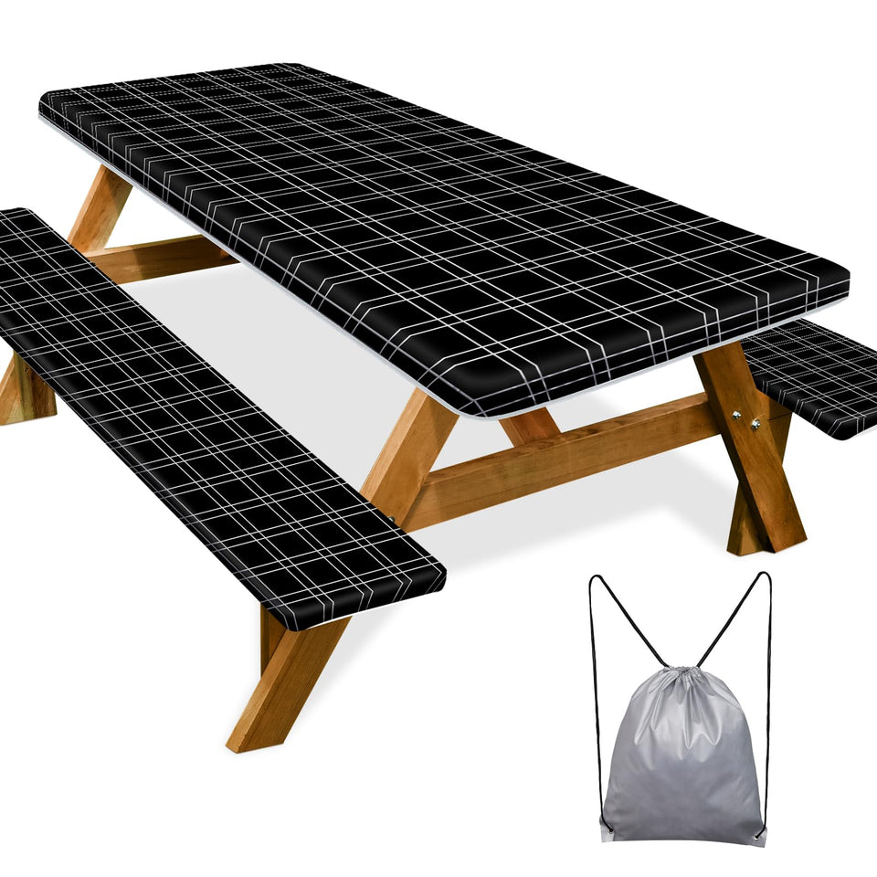 Play Tailor picnic table cover 72in in black checkered protects outdoor meals