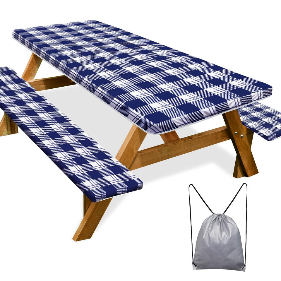 Play Tailor picnic table cover in blue checkered pattern protecting a 72x30 inch rectangle table.