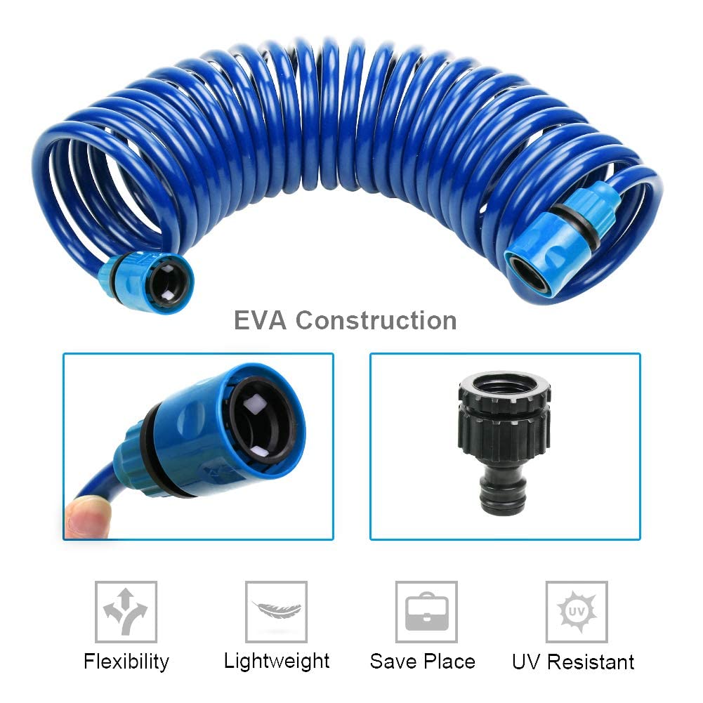 Pleasthome Recoil garden hose with 7-pattern nozzle for versatile watering options.