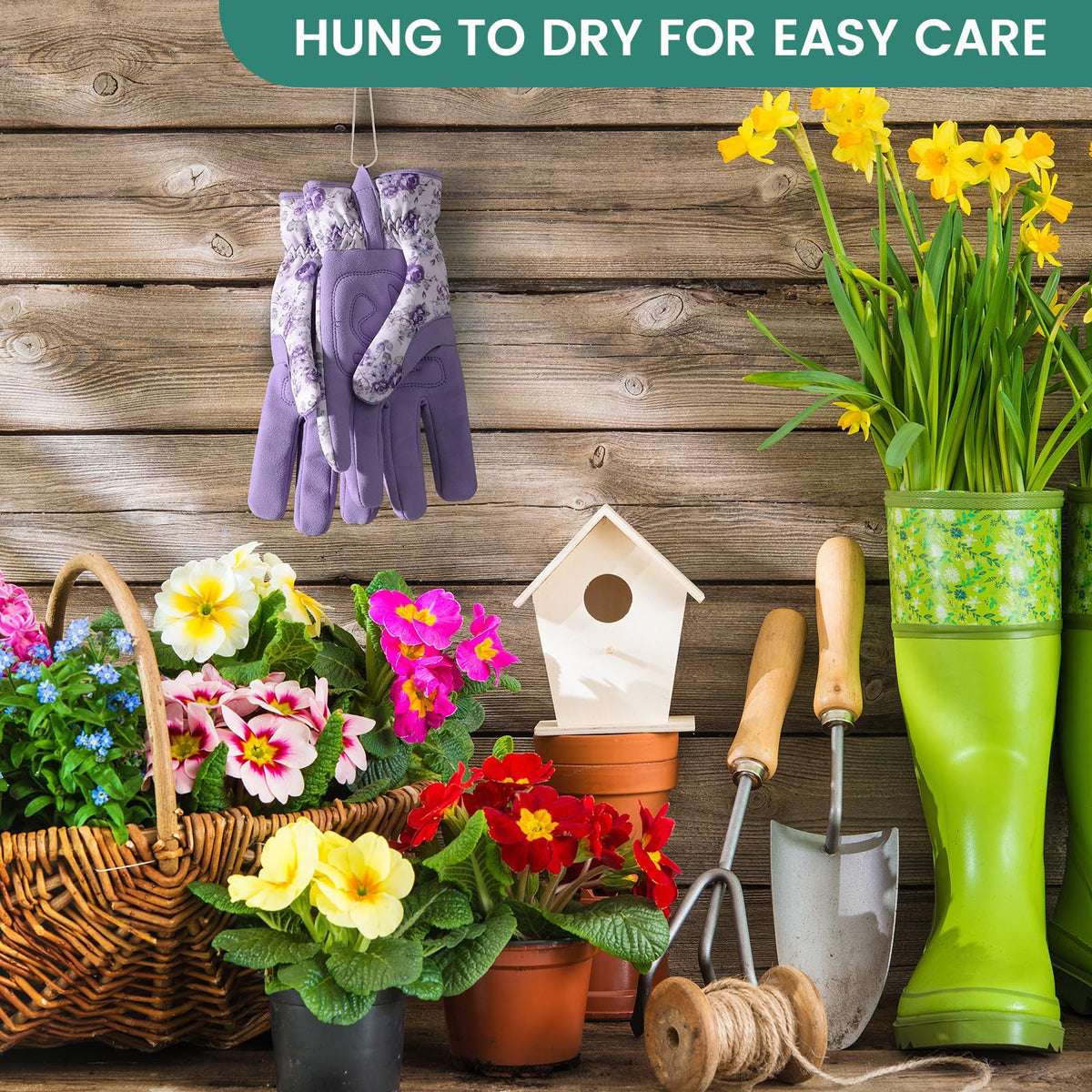 Pleneal durable leather gloves protect hands during weeding and pruning tasks.